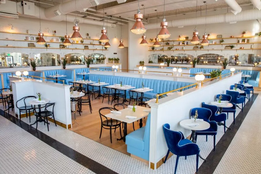 Blue banquette seating in Liberty Common's dining room